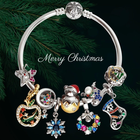 S925 Sterling Silver Christmas Charms Beads Rhinestone Enamel Artificial Pearl Holiday Snowman Bear Tree Pendant Jewelry