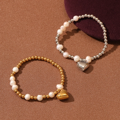 Pulsera de Cuentas con Colgante de Corazón de Acero Inoxidable para Mujer Joyería Elegante Chapada en Oro Plata Regalo Accesorio de Moda