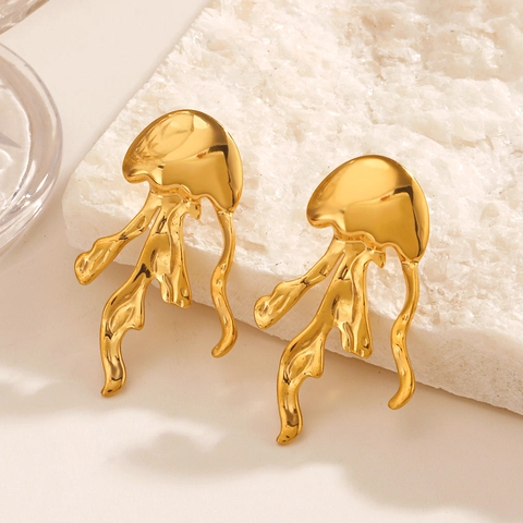 Jellyfish Stud Earrings Stainless Steel Gold Plated Marine Element Ocean Theme Beach Vacation Fashion Accessories Women