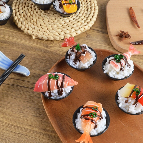 Simulation Sushi Rice Bowl Miniature Model PVC Realistic Food Keychain For Photography Props Home Decor Kitchen Toys