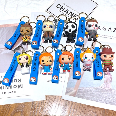 Horrorfilm Charakter Schlüsselanhänger Gruselige Puppe PVC Actionfigur Schlüsselring Für Auto Tasche Anhänger Halloween Party Geschenk