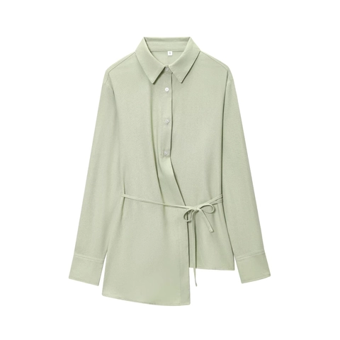 Camisa Elegante para Mujer Manga Larga Mezcla de Lino Dobladillo Asimétrico Blusa Casual con Lazo Color Sólido Cuello Polo