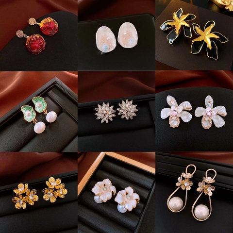 Vintage Bloem Kunstparel Oorbellen Legering Strass Emaille Elegante Hofstijl Met 925 Sterling Zilveren Oorsteker