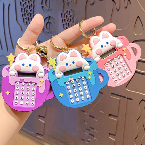 Cartoon Rabbit Bear Mini Portable Calculator Keychain Cute Animal Pocket Calculator Key Ring With Bell For School Students Office Daily Decor