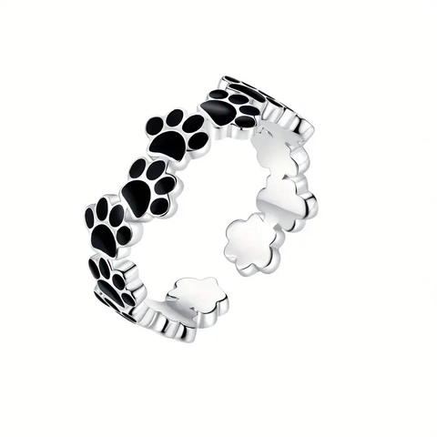 Cute Cat Paw Print Ring Copper Black Enamel Animal Track Band Jewelry For Women Sweet Daily Accessories