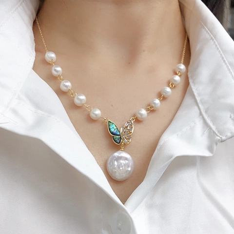 Barock Süßwasserperlen Halskette Mit Schmetterling Muschel Zirkon Dekoration Anhänger Elegant Für Damen
