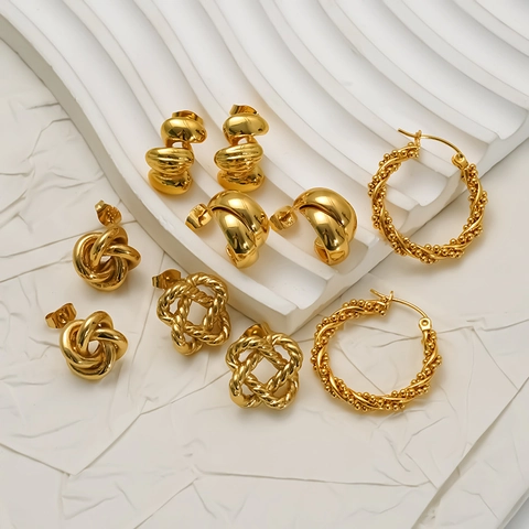 18K Gold Plated 304 Stainless Steel Earrings For Women Twisted Knot Geometric Hoop C-Shape Waterproof Hypoallergenic