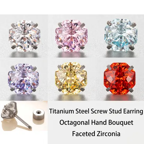 Octagonal Cut Zircon Stud Earrings Titanium Steel Screw Back Cartilage Piercing Jewelry Hypoallergenic Women