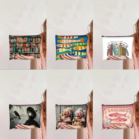 Canvas Cosmetic Makeup Bag With Polyester Lining Zippered Pouch Organizer Travel Toiletry Stationery Storage Case Printed Pattern