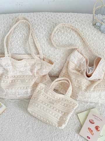Bolso Tote De Encaje De Ganchillo Para Mujer Gran Capacidad Hueco Floral De Punto Bolso De Hombro Mano Retro Francés Playa Vacaciones