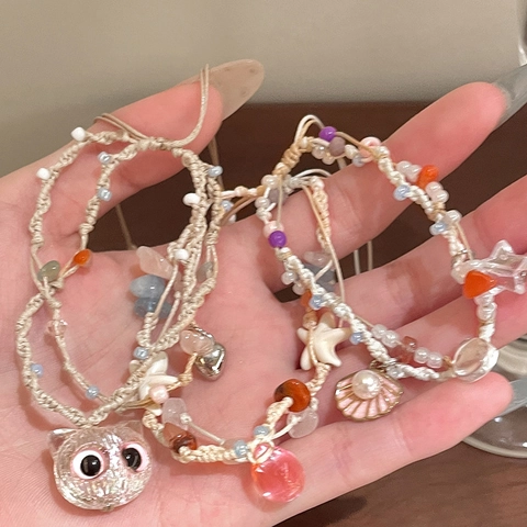 Pulsera Tejida A Mano Con Piedra Natural Colgantes Estrella De Mar Concha Cuerda Ajustable Joyería Vacaciones Mujer