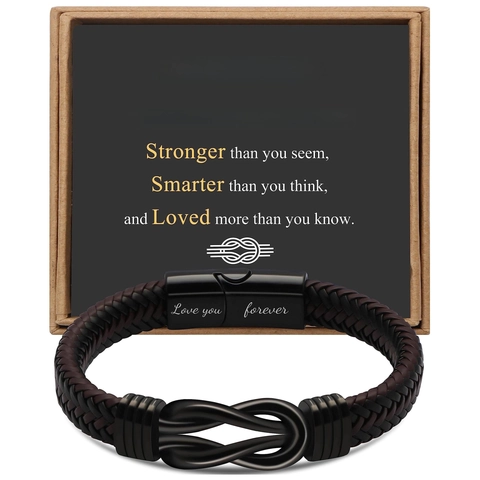 Men Stainless Steel Braided Leather Bracelet Magnetic Clasp Twisted Rope Cuff Bangle With Message Card Gift Jewelry For Men