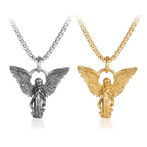 Collar Con Colgante De Ángel Retro Acero Inoxidable Alas De Oración Hip Hop Joyería Para Hombre Y Mujer