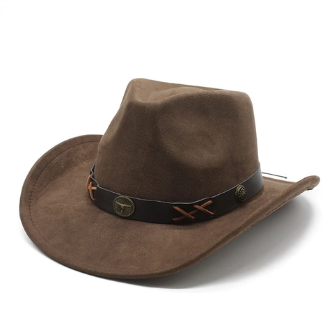 Western Cowboy Hat Faux Suede Wide Brim Retro Fedora Jazz Hat With Cow Head Metal Buckle For Men Women