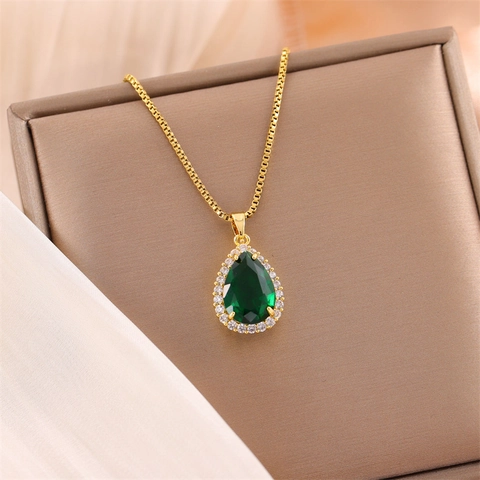 Tropfen Anhänger Halskette Grüner Zirkon Edelstahl Vergoldet Boxkette Elegant Mode Für Frauen