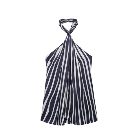 Coordinato Donna Top Halter Schiena Scoperta E Pantaloni Gamba Larga Righe Verticali Poliestere Casual