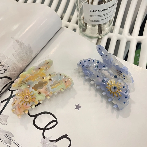 Butterfly Hair Claw Clip Acetate Rhinestone Gold Sun Moon Decor Colorful Marble Fashion Fairy Vintage Headwear For Women