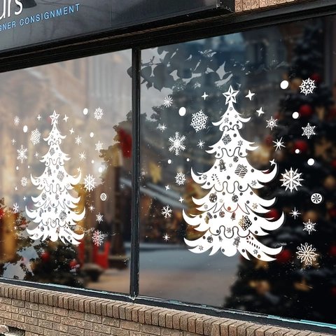 Christmas Tree Window Sticker Static Cling White Snowflake PVC Glass Decoration Glue Free Festive Showcase Ornament