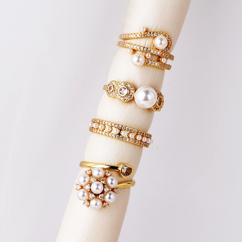 Copper Artificial Pearl Rings Adjustable Open Geometric Gold Plated With Cubic Zirconia Fashion Elegant Jewelry For Women
