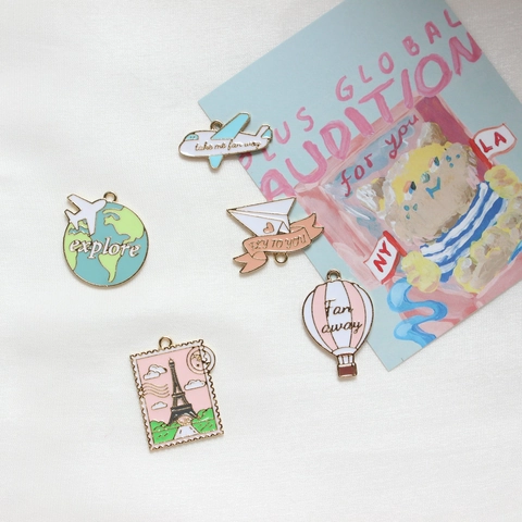 Travel Theme Enamel Charms Alloy Hot Air Balloon Airplane Globe Pendants For DIY Jewelry Making Bracelet Necklace
