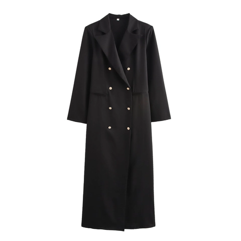 Trench-Coat Long Croisé Pour Femmes Ample Col Costume Boutons Dorés Épaulettes Style Urbain Veste
