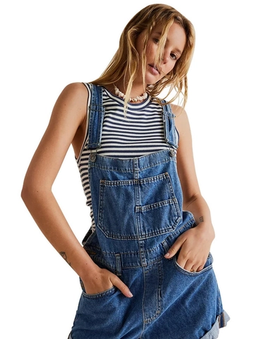 Women Casual Cotton Denim Bib Overall Shorts Loose Fit Multi Pockets Adjustable Straps Vintage Cuffed Hem Dungarees