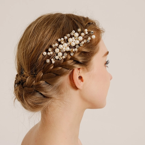 Bridal Hair Comb Gold Metal Wire With Rhinestone And Imitation Artificial Pearl Handmade Vintage Hair Jewelry For Women Wedding
