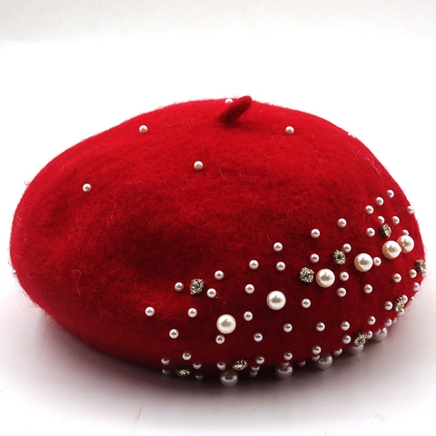 Boina de Punto de Lana Estilo Británico Elegante para Mujer Con Perlas Artificiales y Diamantes de Imitación Gorro de Pintor Cálido Color Sólido