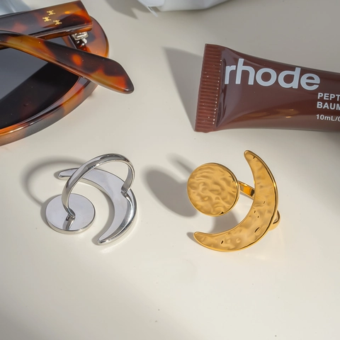 Sun Moon Offener Ring Edelstahl Gehämmert Himmlisch Verstellbar Minimalistischer Schmuck Für Damen