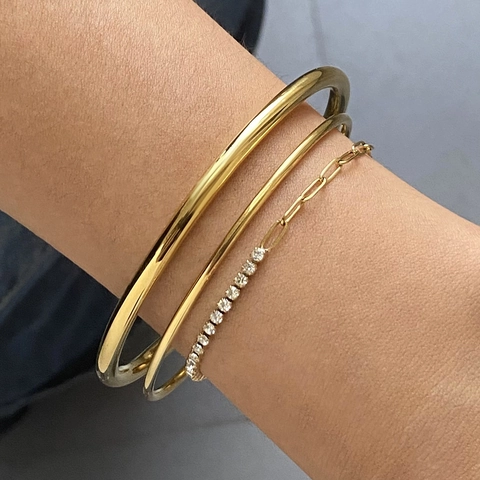 Minimalist Stainless Steel Gold Plated Open Cuff Bangle Rhinestone Chain Bracelet Set For Women Geometric Fashion Jewelry