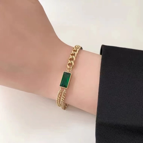 Braccialetto in Acciaio al Titanio Placcato Oro Vintage Strass Verde Rettangolare Catena Giuntata Gioielli da Donna Regalo