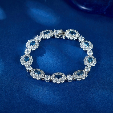Vintage Blau Zirkonia Blume Armband 925 Sterlingsilber Geometrisches Gliederkettenarmband Elegantes Glitzer Schmuck Für Damen Bankett Geschenk