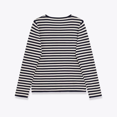 Women Striped Knit Cardigan Sweater Long Sleeve Round Neck Button Up Navy White Classic Casual French Style