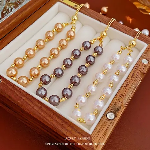 Elegant Adjustable Artificial Pearl Bracelet Alloy Beads Drawstring Chain Vintage French Style Luxury Jewelry For Women Girls