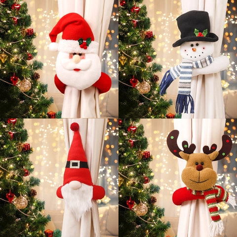 Christmas Curtain Tiebacks Plush Santa Claus Snowman Reindeer Gnome Knitted Fabric Holiday Home Window Decoration