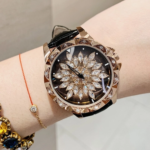 Fashion Women's Quartz Watch With Rotating Zirconia Flower Dial Genuine Leather Strap Rose Gold Alloy Case Luxury Wristwatch