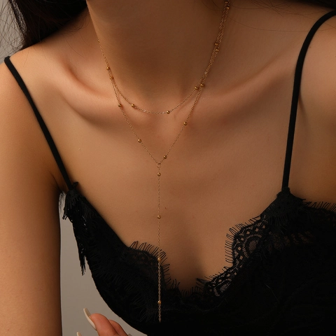 Collier De Varias Capas En Forma De Y Con Cuentas Acero De Titanio Cadena De Borla Elegante Joyería Minimalista Para Mujeres