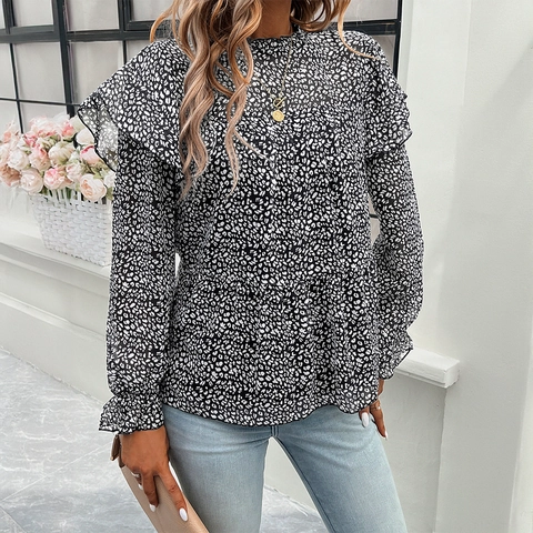 Bloemen Luipaardprint Chiffon Blouse Lange Mouwen Ruche Opstaande Kraag Peplum Zoom Losse Casual Dames Elegante Top