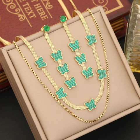 Gioielli In Acciaio Inossidabile A Strati Collana Bracciale Orecchini Ciondoli Farfalla Malachite Per Donna Placcato Oro