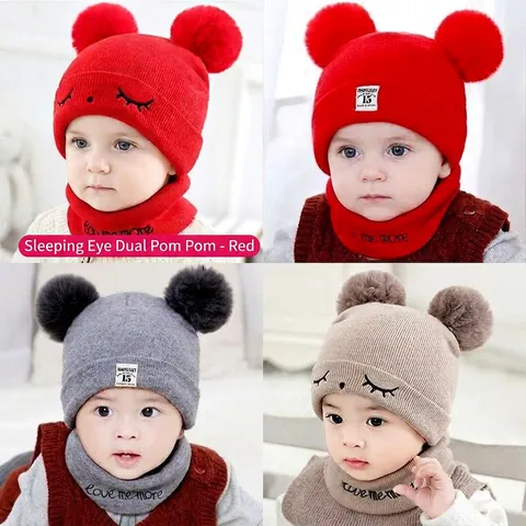 Infant Baby Winter Warm Knit Hat And Scarf Cartoon Double Pompom Beanie For Boys Girls Neck Warmer Daily Outfit