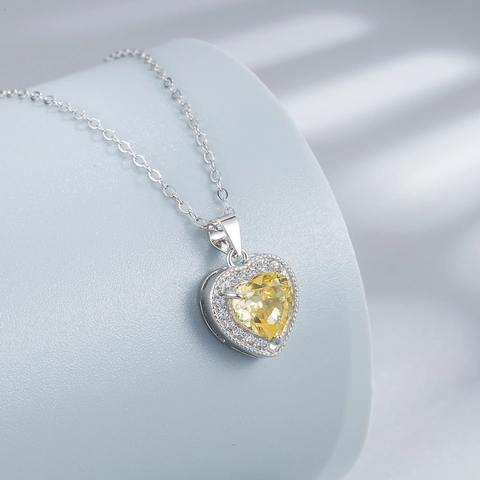 S925 Sterling Silver Heart Pendant Necklace Ice Cut Pink Yellow Rhinestone Elegant Jewelry For Women Valentine Gift