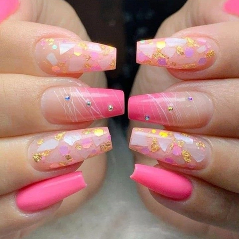 Lange Coffin Press On Nagels Roze Schelp Glitter Strass Kunstnagels Ballerina Stijl Kunstmatige Vingernagels
