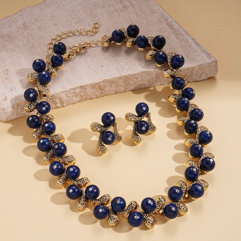 Vintage Jewelry Necklace And Earrings Blue Resin Beads Alloy Leaf Rhinestone Retro Elegant Women