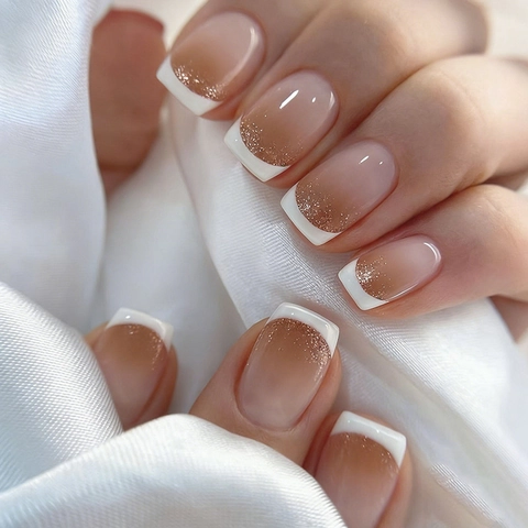 Short Square Press On Nails French Tip Gold Glitter Gradient Nude Pink Artificial False Nails Manicure Accessory