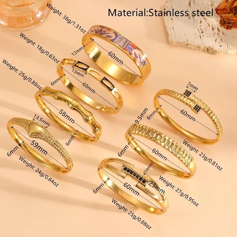 Pulsera Brazalete De Acero Inoxidable Chapado En Oro Para Mujer Corazon Bambu Esmalte Circonia