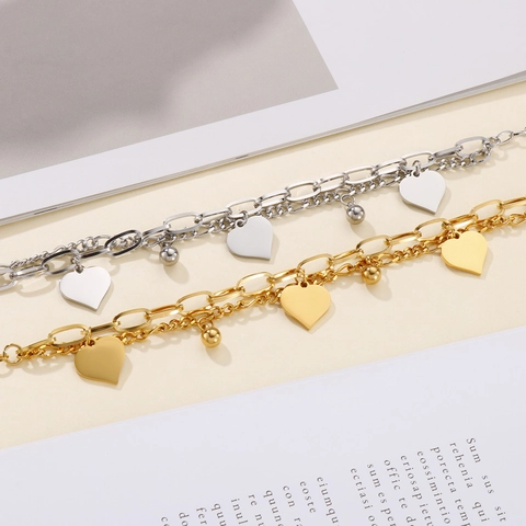 Double Layered Necklace And Bracelet Jewelry With Heart Pendant Stainless Steel Simple Ins Style Women Fashion Accessories