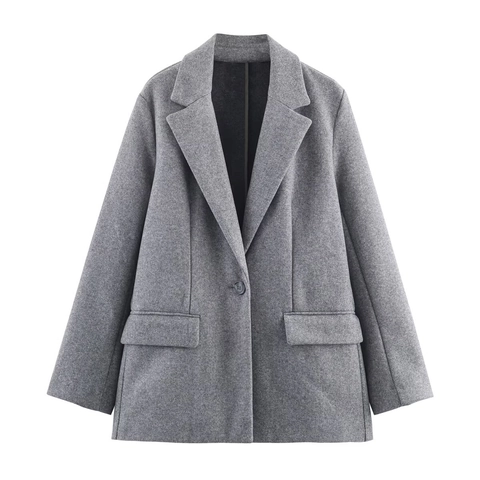 Elegant Women Solid Color Woolen Blazer Jacket Single Button Long Sleeve Mid Length Notched Lapel Casual Outerwear
