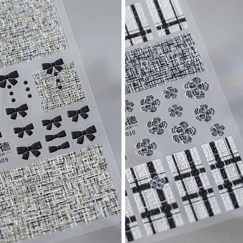 Autocollants Ongles Relief 3D Tweed Camélia Noeud Adhésifs Élégant Noir Blanc Or Style Français Manucure Décoration