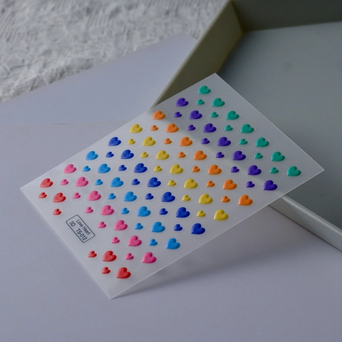 5D Embossed Nail Art Stickers Rainbow Colorful Heart Design Self Adhesive Korean Style Manicure Decoration For Women Girls