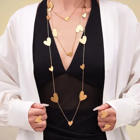 Heart Necklace Earrings And Ring Eighteen Karat Gold Plated Stainless Steel Minimalist Elegant Fashion Jewelry For Women